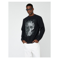 Koton Skull Printed Sweatshirt Raised Crew Neck