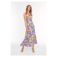 Trendyol fialové tkané šaty s jedním rukávem s květinovým vzorem