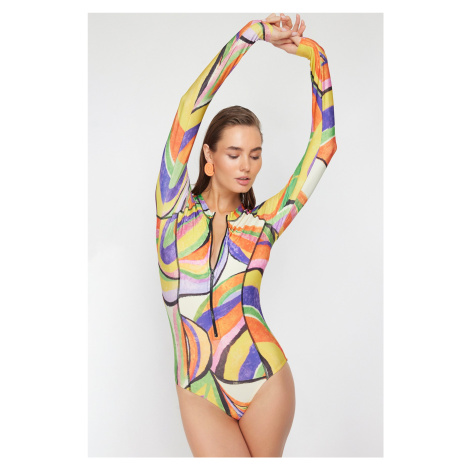 Trendyol Abstract Pattern Zip Long Sleeve Hipster Surfing Swimsuit
