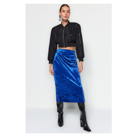 Trendyol Navy Blue Velvet High Waist Pencil Midi Knitted Skirt