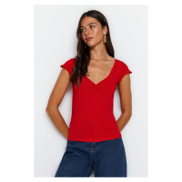 Trendyol Red Cotton Smocked V-Neck Slim Fit Knitted Blouse