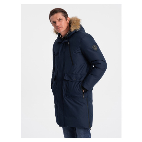 Alaskan men's winter jacket with detachable fur from the hood - navy blue V1 OM-JALJ-0148 Ombre