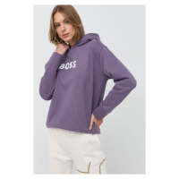 Bavlněná mikina BOSS dámská, fialová barva, s kapucí, s potiskem, 50468367