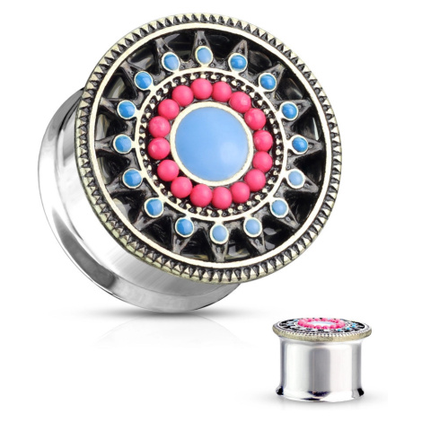 Ocelový plug do ucha stříbrné barvy - květ s růžovými a modrými okvětními lístky - Tloušťka : 8  Šperky eshop