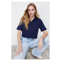 Trendyol Navy Blue 100% Cotton Crop Polo Collar Knitted T-Shirt