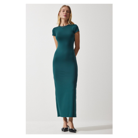 Happiness İstanbul Women's Emerald Green Crew Neck Wraparound Sandy Knitted Dress