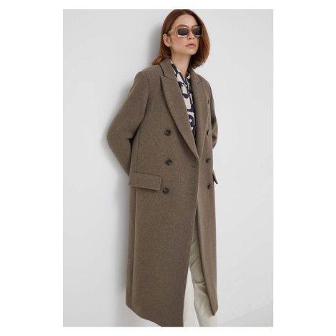Vlněný kabát Sisley béžová barva, přechodný, dvouřadový