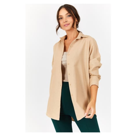 armonika Women's Beige Oversize Long Basic Shirt