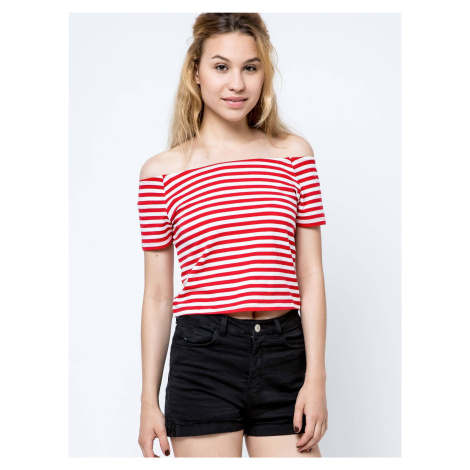 Short blouse with carmen neckline white with red stripes YUPS