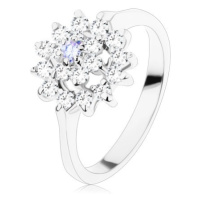 Lesklý prsten ve stříbrném odstínu, světle fialový střed, zirkonový kruh