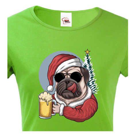 Dámské triko s potiskem Vánočního mopsíka s pivem - pro pejskařky a pivařky BezvaTriko