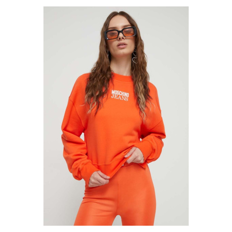 Bavlněná mikina Moschino Jeans dámská, oranžová barva, s potiskem