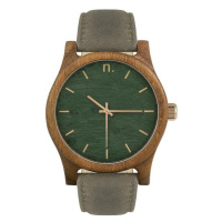 Dřevěné pánské hodinky šedo-zelené barvy s koženým řemínkem