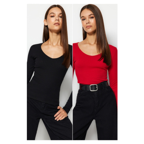 Trendyol Black-Red 2-Pack V Neck Fitted/Situated Cotton Stretch Knit Blouse