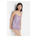 Trendyol Lilac Lace Detailed Satin Undershirt-Shorts Woven Pajamas Set