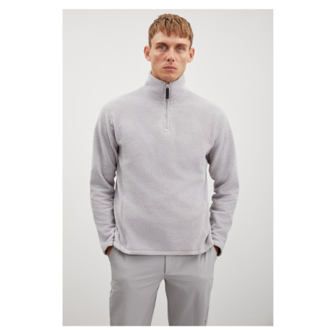 GRIMELANGE Hayes Men's Fleece Half Zipper Leather Accessory Thick Textured Comfort Fit Gray Flee