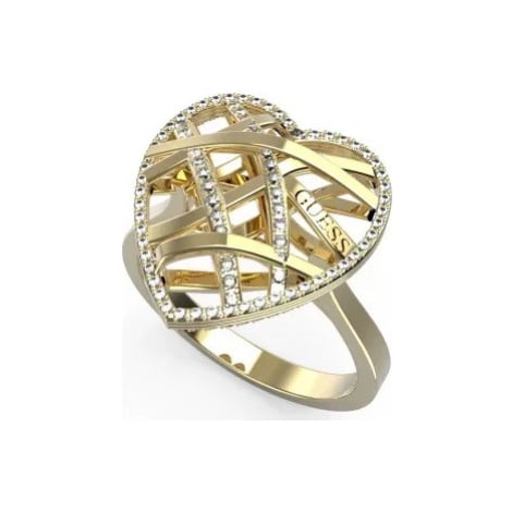 Guess Slušivý pozlacený prsten Heart Cage JUBR03101JWYG