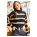 Olalook Women's Black Biscuit Striped Half Turtleneck Crop Knitwear Sweater