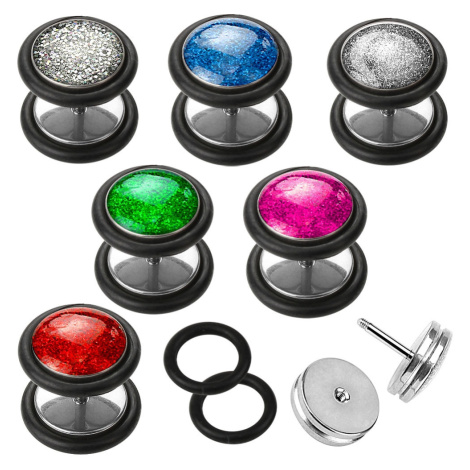 Fake plug z oceli 316L, kulatý tvar, černé gumičky, různé barvy, 6 mm - Barva piercing: Zelená Šperky eshop