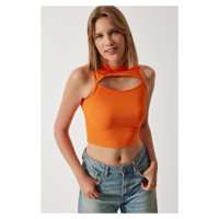 Happiness İstanbul Women's Orange Cut Out Detailed Ribbed Crop Knitted Blouse