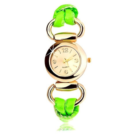 Analogové hodinky, kulatý ciferník zlaté barvy, latexový zelený řemínek Šperky eshop