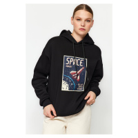 Trendyol Black Oversized/Wide-Cut Knitted Sweatshirt with a Space Print Thick Fleece Inside