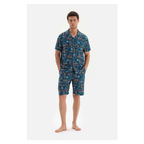 Dagi Navy Blue Shirt Collar Printed All-in-One Pajamas Set