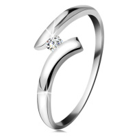 Diamantový prsten z bílého 14K zlata - zářivý čirý briliant, lesklá zahnutá ramena