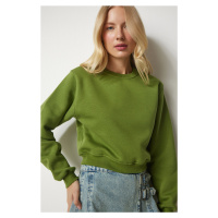 Happiness İstanbul Women's Peanut Green Raised Crop Sweatshirt