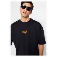 Trendyol Black Oversize/Wide-Fit Short Sleeve Space Printed 100% Cotton T-Shirt