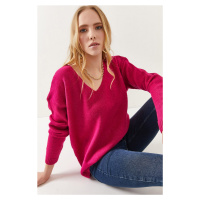 Olalook Women's Fuchsia V-Neck Soft Textured Knitwear Sweater