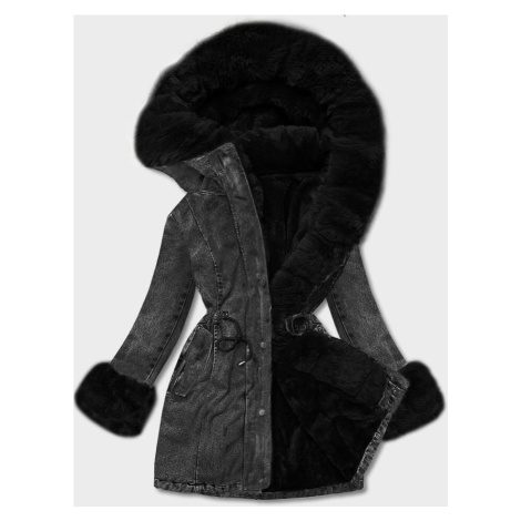 Černá dámská džínová bunda s kožešinovou podšívkou (R8068-101) S'WEST