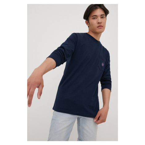 Bavlněné tričko s dlouhým rukávem HUF tmavomodrá barva, s aplikací