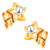 Zlaté 14K náušnice - blýskavé hvězdičky s bílou perličkou uprostřed