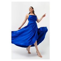 Lafaba Women's Sax Plus Size Satin Evening Dress with a slit and ruffles Graduation Dress