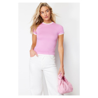 Trendyol Pink Viscose/Soft Fabric Color Block Body Fitting Stretchy Knitted T-Shirt