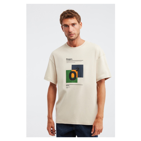 GRIMELANGE Prismatic Pánské Oversize Fit Tlusté speciální texturované tištěné béžové tričko