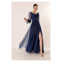 By Saygı Front Back V-Neck Waist with Stones and Draped Lined Long Tulle Dress