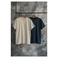 Trendyol Stone-Navy Blue Plus Size 2 Pack Regular/Regular Cut T-Shirt