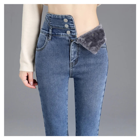 Zateplené dámské skinny džíny s vysokým pasem a fleecem