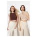 Trendyol Brown-Beige 2 Pack Sleeveless Crop Cotton Stretchy Knitted Undershirt