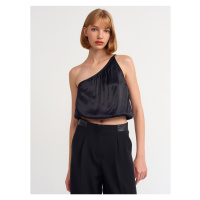 Dilvin 50244 Asymmetric Strap Satin Top-Black