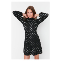 Trendyol Black Flounce and Decollete Decollete Skater/Waist Printed Ribbed Mini Knitted Dress