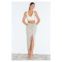 Trendyol Beige Gather Detailed Cotton Linen Blend Midi Length Woven Skirt