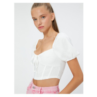 Koton Crop T-Shirt Balloon Sleeves Sweetheart Collar Lace-Looking Up Corset-Looking