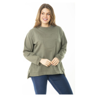 Şans Women's Plus Size Khaki Inner Framed Sweatshirt with a Slit