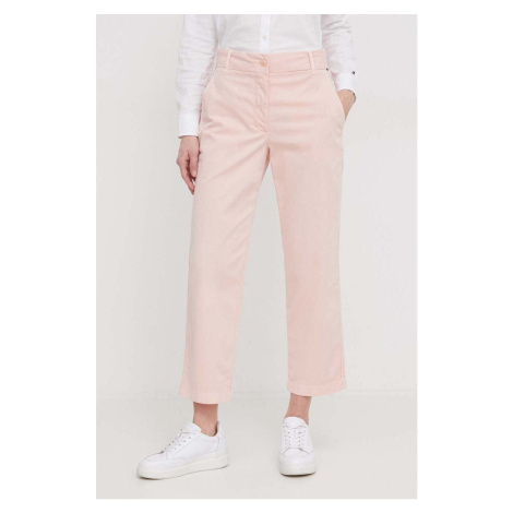 Kalhoty Tommy Hilfiger dámské, růžová barva, jednoduché, high waist, WW0WW41352