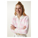 Happiness İstanbul White Pink Patterned Bearded Seasonal Crop Knitwear Cardigan