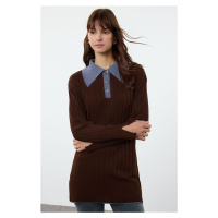 Trendyol Brown Blue Color Block Ribbed Knit Sweater