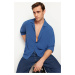 Trendyol Indigo Oversize Fit Apache Collar Summer Linen Look Shirt